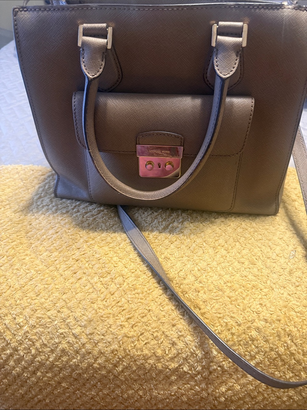 Michael Kors Taupe Leather Satchel with Gold-Tone Hardware
